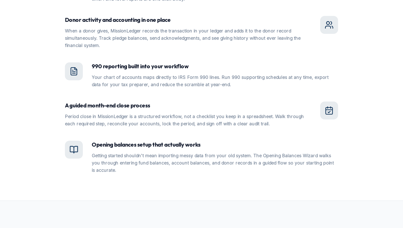 MissionLedger workflow detail covering donor activity, 990 reporting, month-end close, and opening balances.