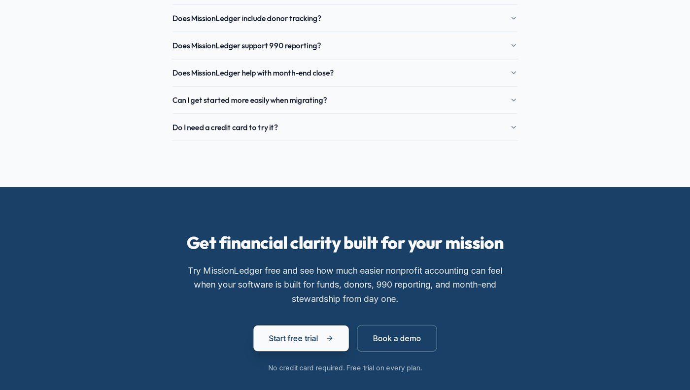 MissionLedger FAQ accordion above a closing call to action inviting visitors to get financial clarity built for their mission.