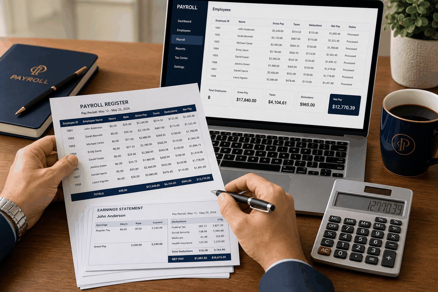 Payroll register, paystubs, and payroll software for a small church staff and nonprofit team.